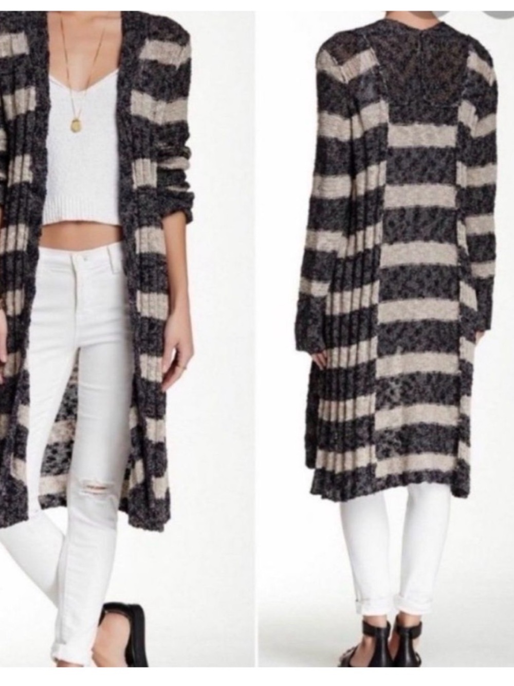 Free People Navy Blue Oatmeal Striped Free Spirit Open Front Duster Cardigan S